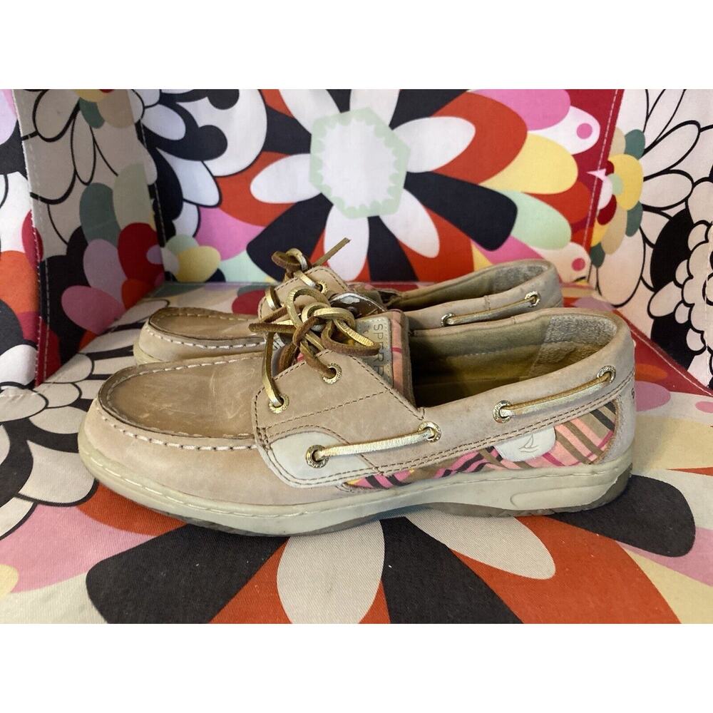 Sperry Top Sider Leather Boat Shoes Tan/Pink Plaid 6M